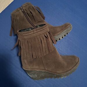 Fly London Brown Fringe Wedge Boots